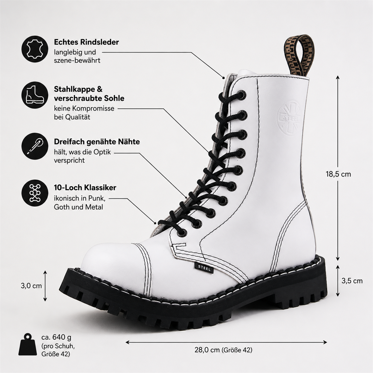 Steel Shoes & Boots - Full White, 10-Loch Boots